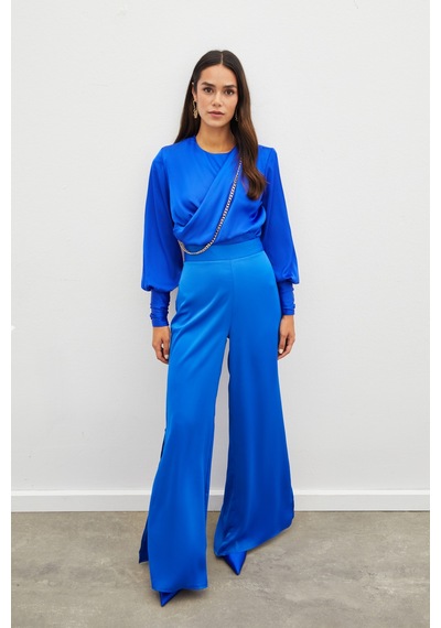 Sateen Ön Zincirli Saten Bluz - Sax Mavi