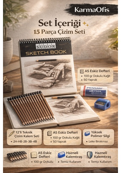 15 Parça Teknik Çizim Ve Eskiz Başlangıç Seti A5 Defter 12 Kalem Silgi Kalemtıraş