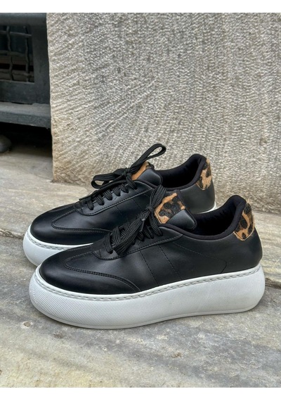 Erva'nın Butiği Siyah Cilt Leoy Leopar Bağcıklı Kadın Sneakers-5725