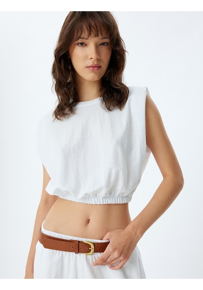 Koton Crop Kolsuz Bluz Bisiklet Yaka Beli Lastikli Viskon Kumaş Beyaz 4sak70097ek Beyaz