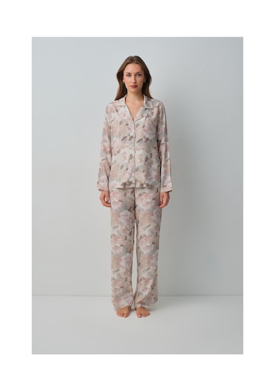 Suwen Monica Gömlek Yaka Pijama Takımı Wsh105100961559 Bej