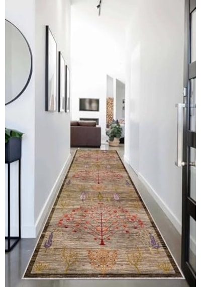 Pelangi Ağaç Desenli Dijital Baskı Yıkanabilir Kaymaz Taban Etnik Kilim Desen Salon Halısı Ve Yolluk, Kahverengi 8 Diğer