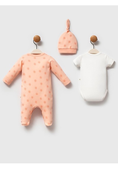 Moi Noi Baby Moi Noi 3lü Şapkalı Baskılı 0-3 Ay Tulum - Pudra Somon