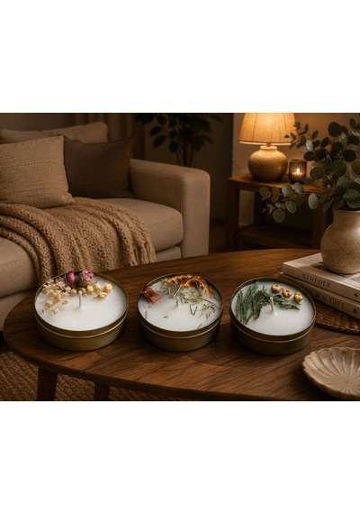 Niyet Temalı 3 Lü El Yapımı Aromatik Mum Seti Nazar, Bereket & Huzur Gold Teneke Hediyelik Mum 001 - Beyaz
