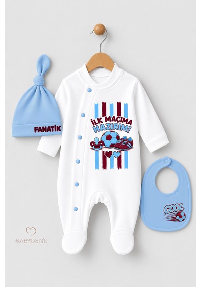 Babyden's 3'lü Bebek Tulum Seti %100 Pamuk Taraftar Temalı Bordo Mavi İlk Maçıma Hazırım Baskılı Şapka Önlük Seti Bordo - Mavi