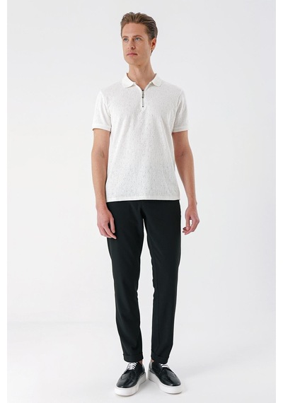 Efor Slim Fit Fermuarlı Polo Yaka %100 Pamuk Ekru Tişört Ts 877 Ekru