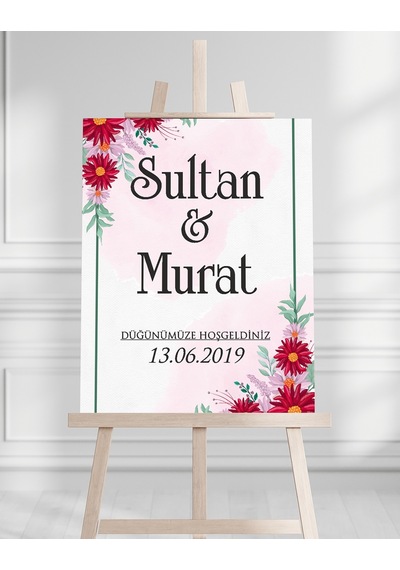 Söz Nişan Düğün İçin 50x70 Karşılama Panosu - Kırmızı Çiçek Desenli Beyaz