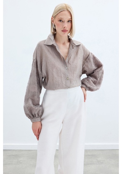 Sateen Nakış Detaylı Kraşlı Gömlek - Vizon-136257 Vizon