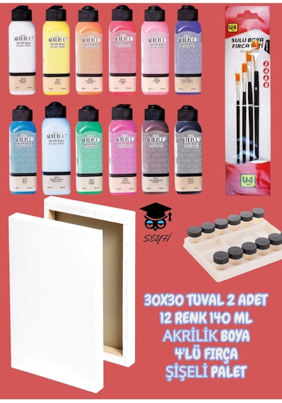 30x30 Tuval 2 Adet 12 Renk 140 Ml Akrilik Boya 4'lü Fırça Şişeli Palet