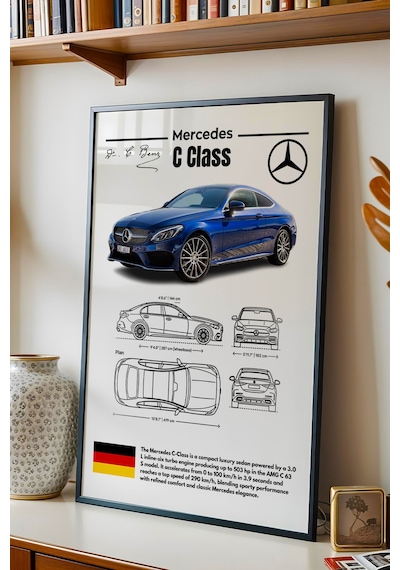 Mercedes C Serisi Tablo - Teknik Özellikli Amg C 63 S Poster - Çerçeveli Duvar Dekoru - Blueprint Siyah