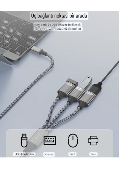 Sunkandı Type-c To Usb Çoğaltıcı 3x Usb 2.0 Çoklayıcı Hasır Örgülü Sağlam Kablo Ce Lisanslı