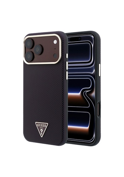 Apple iPhone Uyumlu 18 Pro Max Kılıf Guess Lisanslı M-safe Pu Metal Üçgen Logolu Karbon Fiber Kevlar Kapak Bordo