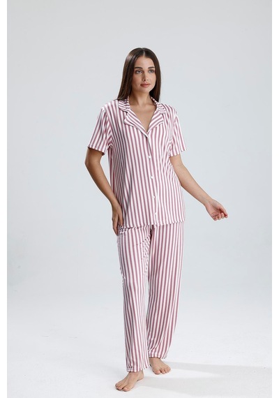 Kompedan Kadın Çizgili Önden Düğmeli Pijama Takım Mor Çzg Mor