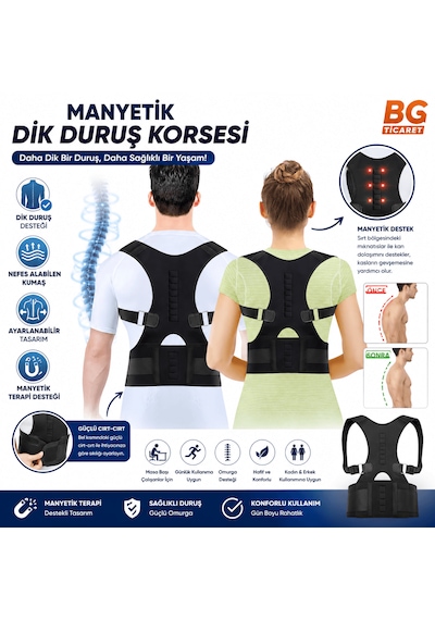 Manyetik Dik Duruş Korsesi Ayarlanabilir Omuz Sırt Bel Destekleyici Kamburluk Önleyici Unisex Siyah Günlük Kullanım