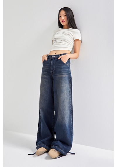 it's basic Kadın T.kot Rengi 2w5-8 Straight Palazzo Fit Paçası Bağcıklı Süper Bol Kesim %100 Koton Denim Jean