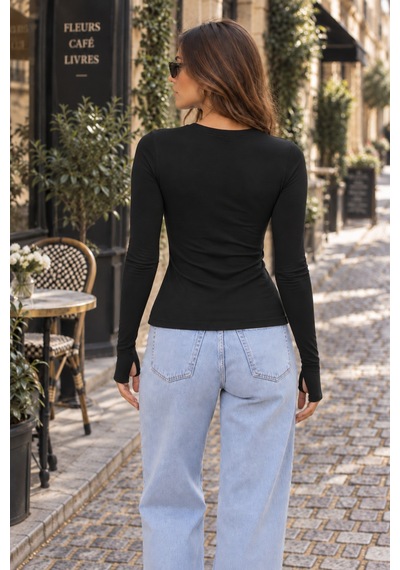 Lılac Kadın %100 Viskon Parmak Geçirmeli Bisiklet Yaka Siyah Basic Body Siyah Siyah