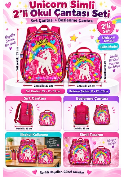 Unicorn İlkokul Okul Çantası Beslenme Çantası Sırt Çantası Simli 2'li Set 35 X 27 X 15 Cm Çok Renkli
