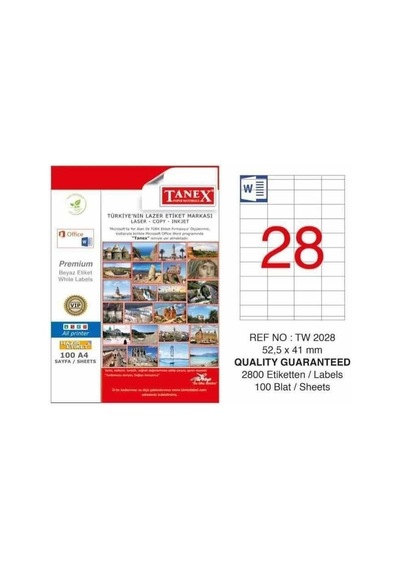 Tanex Etiket A4 Laser 52.5 Mm X 41 Mm Tw-2028 1 A4 Sayfada 28 Eti