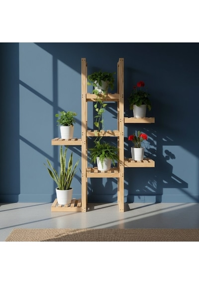 Modern Ahşap Saksılık Çiçeklik - 120 Cm Boyutunda 7 Katlı Merdiven Çiçeklik - Dekoratif Saksı Rafı Bej