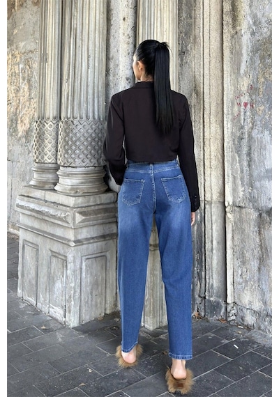 WeShaya Mavi Yüksek Bel, Mom Jean Kot Pantolon Mavi