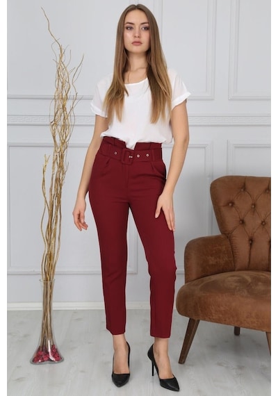 Beli Kemerli Bordo Kumaş Pantolon Bluence Bordo