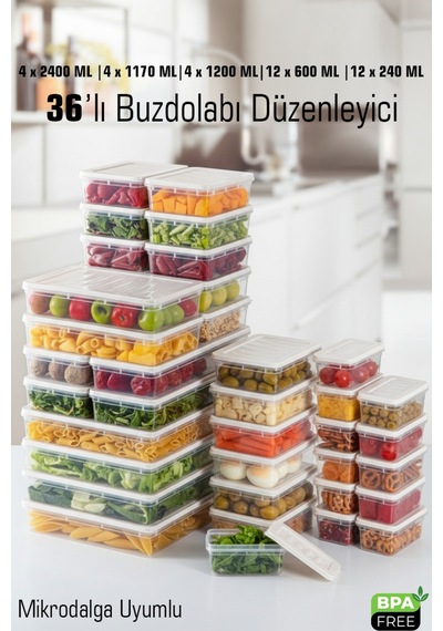 36'lı Set Buzdolabı Ve Difriz Düzenleyici Saklama Kabı Seti Dolap İçi Düzen Bpa Free Mikrodalga Krem