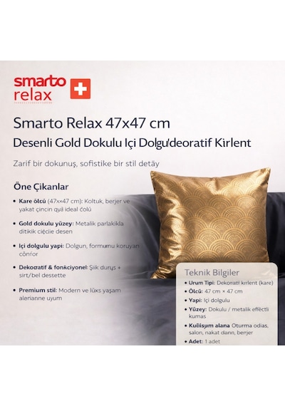 Smarto Relax Tekli Desenli Dekoratif Dolgulu Kırlent 45x45 Cm Siyah - Altın