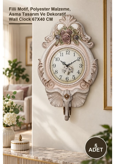 5 Adet Duvar Saati Filli Motif, Polyester Malzeme, Asma Tasarım Ve Dekoratif Wall Clock 67x40 Cm Diğer