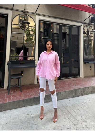 WeShaya Pembe Oversize Pamuk Karışımlı Cepli Gömlek Pembe