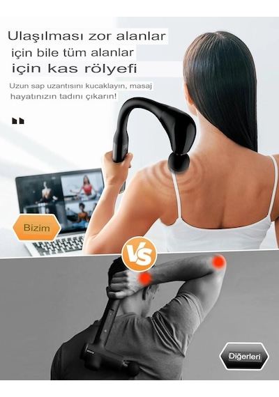 U Şeklinde Derin Doku, Boyun Ve Omuz Sırt Bel Uzatılmış Sap Masaj Tabancası Masaj 4 Başlık Ve 5 Mod Siyah