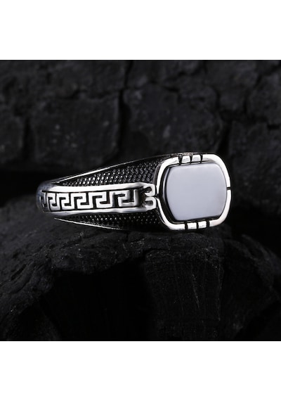 925 Ayar Gümüş Grek İşlemeli Oniks Taşlı Erkek Yüzük Silver