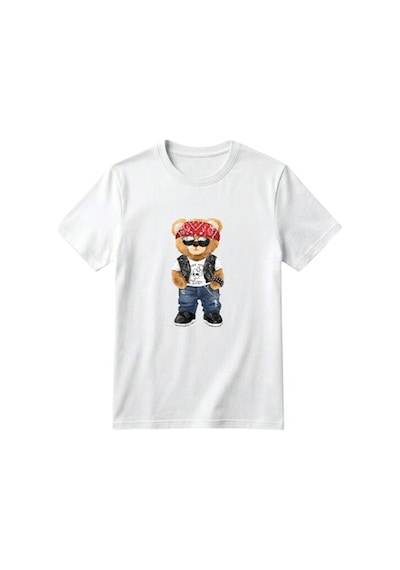 Erdem Kıds Unisex Kız Erkek Çocuk Baskılı Bisiklet Yaka Kısa Kollu Pamuklu Günlük T-shirt Bear Beyaz Bear Beyaz