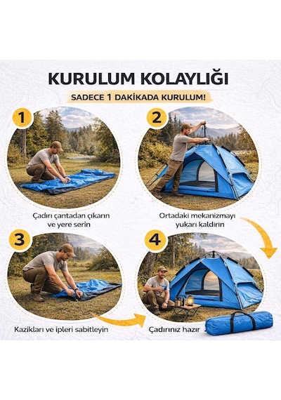 Büro Ev Ofis Kamp Keyfi İçin 200x200x140cm 3kişilik Otomatik Kurulum Çift Katman Doğa Çadırı Diğer