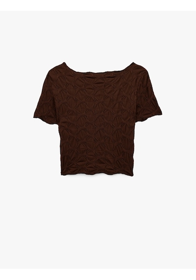 Koton Bürümcük Kumaş Slim Fit Kısa Kollu Kayık Yaka Crop Tişört Kahverengi 6sal10639ık Kahve
