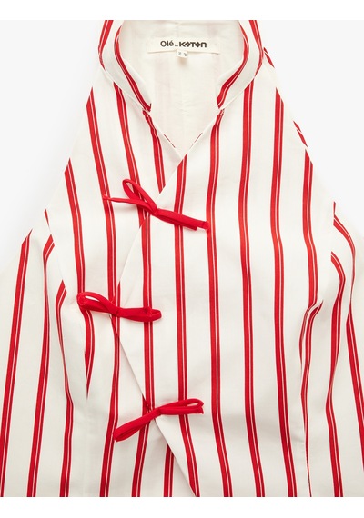 Koton Kruvaze Hakim Yaka Fiyonklu Kolsuz Qipao Görünümlü Çizgili Crop Bluz Kırmızı Çizgili 6sal60209ıw