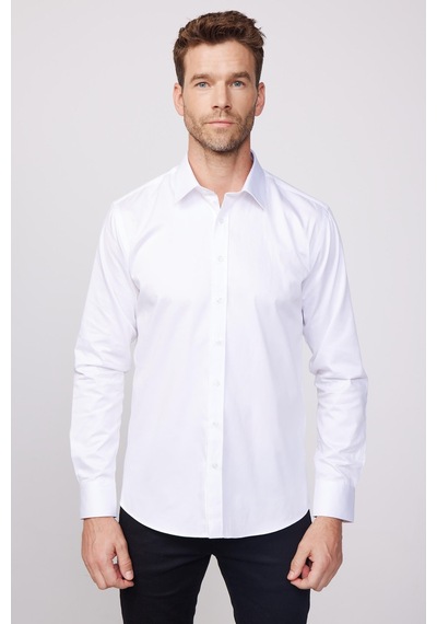 Tudors Modern Slim Fit Uzun Kollu Pamuk Saten Premium Seri Erkek Beyaz Gömlek-23894 Beyaz