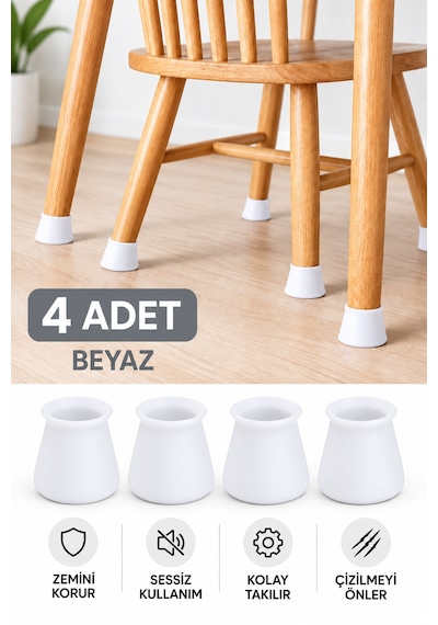 4 Adet Beyaz Masa Sandalye Ayak Koruyucu Silikon Pabuç Kaydırmaz Çizilme Önleyici Zemin Koruyucu