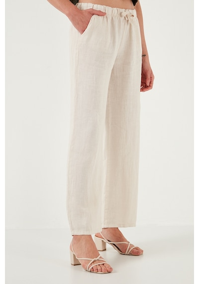 Lela Relaxed Fit Normal Bel Geniş Paça Çift Cepli Keten Bayan Pantolon 668Yp4991 Taş