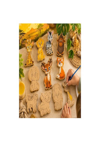 Ahşap Boyama Hayvanlar 10 Lu 1 Paket 10x15cm Set2 Ahşap Boyama 6 Renk Boya Resim Fırçası Etkinlik Çocuk Gelişim Motor
