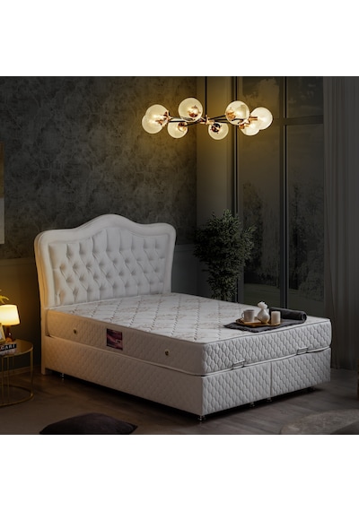 Setaymobilya Baza, Camelli Çift Kişilik Beyaz Baza + Başlık + Deluxe Yatak