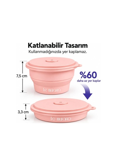 Mori 400 Ml 1 Adet Hava Sızdırmaz Yuvarlak Katlanabilir%100 Platinium Silikon Saklama Kabı Ve Kase, Bpa İçermez, Mikrodalga Ve Dondurucu Uyumlu, Pembe, Lm0012/20