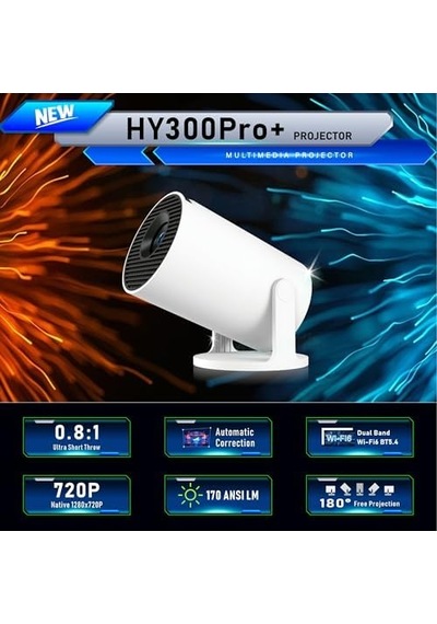 Hy300pro+ Android 14 Projektör, 720p Çözünürlük, 170 Ansı Lümen, Wi-fi 6, Bluetooth 5.4, 4k Destekli, Otomatik Düzeltme, 30-130 İnç Görüntü, Beyaz