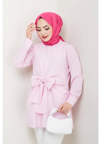 Çizgili Poplin Bağlamalı Gömlek - Pudra / Ü103 Pudra