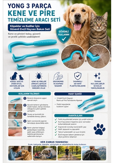 Yong 3 Parça Evcil Hayvan Kene Ve Pire Temizleme Aracı Seti Köpekler Ve Kediler İçin Kolay Kene Ve Pire Temizleme Aparatı Güvenli Evcil Hayvan Bakım Seti Mavi