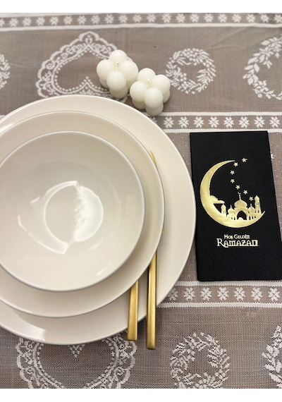 Gold Yaldızlı Siyah Hoşgeldin Ramazan Yeni Ay Desenli Garson Peçete 16 Lı