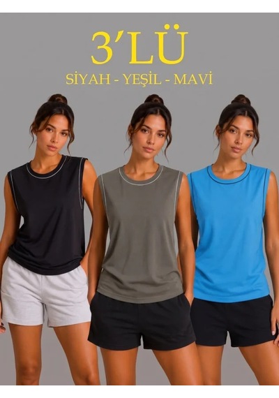 Efnaz Style 3 Lü Kolsuz Sporcu Atlet Seti Yazlık Bisiklet Yaka - Siyah, Haki, Mavi Çok Renkli