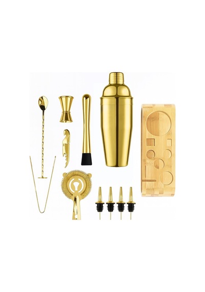 Ahşap Standlı 12 Parça Çelik 750 Ml Shaker Bar Tokmağı Jigger Seti Barmen Seti Altın