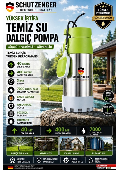 Alman 3.5 Hp Yüksek Basınç Su Pompası Plastik Dalgıç Pompa 40 Mt Dikine Atar