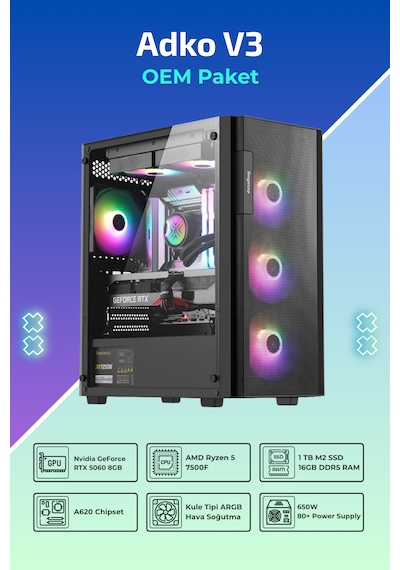 IH ADKO V3 R5-7500F 16 GB 1 TB SSD 8 GB RTX5060 Free Dos Oem Paket Masaüstü Oyuncu Bilgisayarı