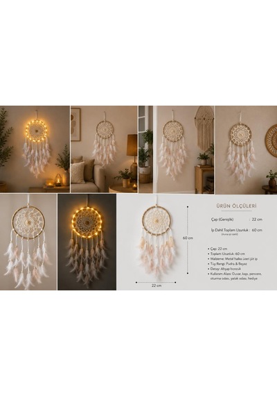 Led Işıklı Düş Kapanı Pudra Beyaz Tüylü Bohem Duvar Süsü 22 Cm El Yapımı Dream Catcher Deniz Kabuklu